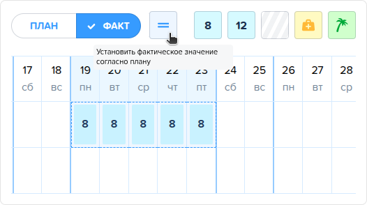 Табель учета рабочего времени. Заполнение Факт согласно План.png